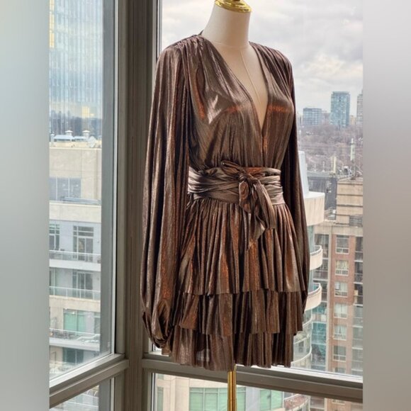 🆕 BRONX & BANCO 🧿 NWOT Bellerose Ruffled Mini Dress, Metallic Gold Sz S / US 4 - Picture 9 of 16